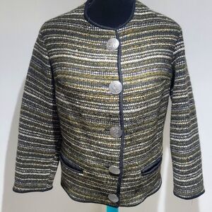 Lisch Women's Vintage Wool Striped Button Down Jacket Size 40 Green Black Artsy